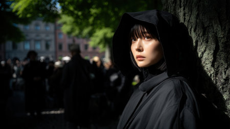 Portrait of a mysterious Asian woman in a black hood on a sunny city street. The scene evokes a pensive, enigmatic mood. Ideal for fashion, storytelling, or urban concepts.の素材