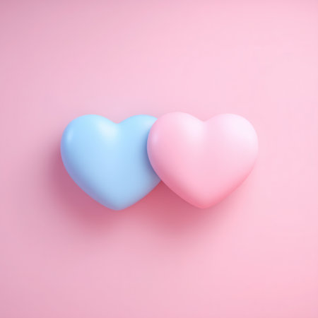 A blue and a pink heart lie together on a pink background. This minimal 3D illustration evokes feelings of love, tenderness, and partnership. Ideal for Valentine's Day or romantic designs.の素材