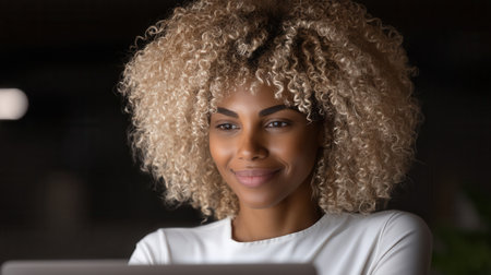 Close-up of a beautiful African American woman with curly hair smiling while looking at her laptop. The scene conveys focus and positivity. Perfect for business or tech concepts.の素材