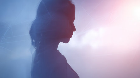 Double exposure silhouette of a woman's profile with a plexus network. This image evokes concepts of AI, future technology, and consciousness. Ideal for tech presentations or articles.の素材