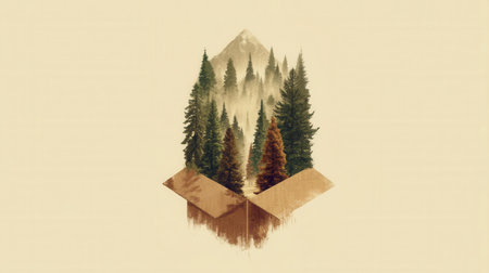 A surreal double exposure of a pine forest and mountain emerging from an open cardboard box. This conceptual art evokes imagination and environmental themes. Ideal for creative projects.の素材
