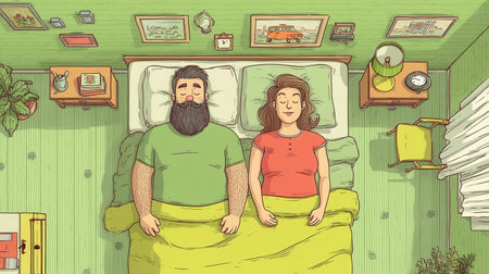 An illustration of a couple sleeping peacefully in bed, top view. The cozy, domestic scene evokes feelings of rest and comfort. Perfect for articles on relationships or healthy sleep.の素材