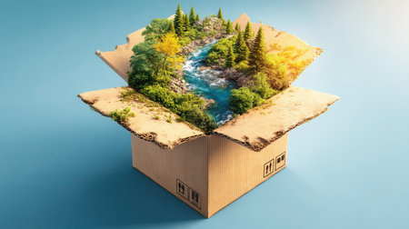 A miniature forest with a river inside an open cardboard box. This surreal concept represents ecology, sustainability, and conservation. Perfect for environmental or creative projects.の素材