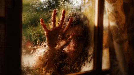 A person's hand and blurred silhouette behind a frosted window. This creates a mysterious, lonely mood of separation. Perfect for themes of isolation, sadness, or cinematic concepts.の素材