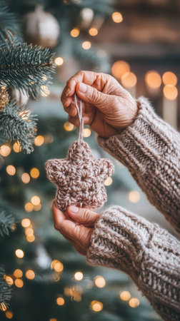 Close-up of senior hands hanging a handmade knitted star on a Christmas tree. The scene creates a warm, cozy, and nostalgic holiday mood. Ideal for seasonal greetings or craft blogs.の素材