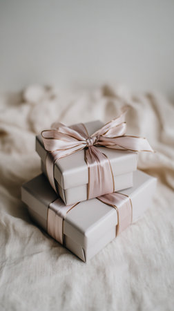 Two elegantly wrapped gift boxes with a pink silk ribbon bow sit on a soft fabric. The scene evokes a gentle, celebratory mood. Ideal for holidays, birthdays, or anniversaries.の素材