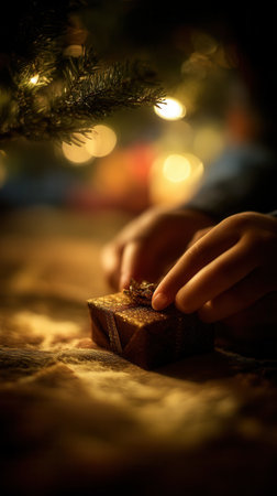 A hand gently touches a tiny golden gift under a Christmas tree. This warm, magical scene evokes anticipation and holiday joy. Perfect for festive greetings or seasonal advertising.の素材