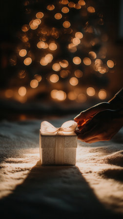 Hands hold a small gift box against a background of warm bokeh lights. The scene evokes a cozy, magical holiday mood. Ideal for Christmas, birthdays, and celebration concepts.の素材