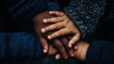 Close-up of two children's hands of different races holding each other. This tender image symbolizes unity, friendship, support, and diversity. Ideal for social campaigns or family themes.の素材