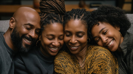 A heartwarming close-up of a happy African American family sharing a joyful, intimate moment. This image evokes feelings of love, unity, and contentment. Perfect for family-themed content.の素材