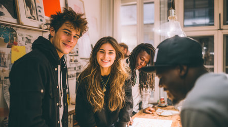 A diverse group of young friends smiling happily at a party. The scene conveys a warm, authentic, and cheerful mood. Perfect for projects on friendship, youth, and social gatherings.の素材