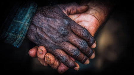 A dramatic close-up of two weathered hands holding, one dark and one light. This powerful image symbolizes unity, support, empathy, and diversity. Use for social or charity themes.の素材