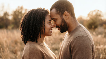 Portrait of a happy couple touching foreheads in a field during sunset. A romantic moment full of love and warmth, perfect for relationship, dating, or lifestyle concepts.の素材