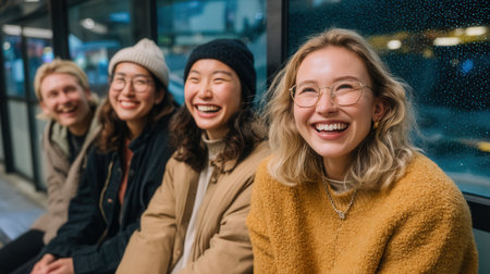 A diverse group of young friends laughing together by a rainy window at night. The mood is joyful, candid, and warm. Ideal for content on friendship, youth, diversity, and happiness.の素材
