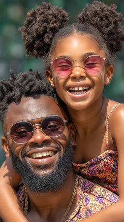 A cheerful portrait of a Black father and daughter smiling together outdoors. This warm image evokes feelings of love, joy, and family bonding. Ideal for Father's Day or family themes.の素材