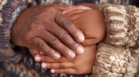 Close-up of an elderly person's wrinkled hand holding a child's smooth hands. A touching scene of love, care, and generational connection. Ideal for family or community themes.の素材