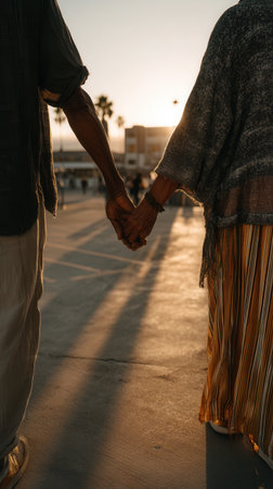 A senior couple holds hands while walking at sunset. The warm, golden light creates a romantic and tender mood, symbolizing enduring love. Ideal for themes of companionship and aging.の素材