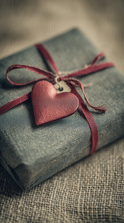 A beautifully wrapped gift with a red ribbon and heart tag on a burlap background. This vintage-style image evokes feelings of love, care, and nostalgia. Ideal for holidays.の素材