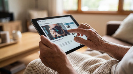 Senior hands holding tablet with photography tutorial app. Represents lifelong learning, digital literacy, and modern aging. Ideal for education and tech themes.の素材