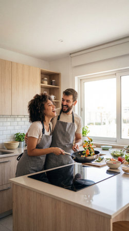 Happy multiethnic couple cooking vegetables in modern kitchen. Laughing partners preparing healthy meal together at home. Perfect for lifestyle, food and relationship concepts.の素材