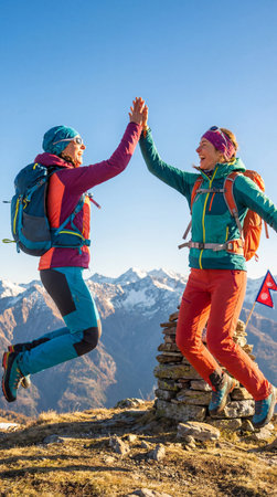Two female hikers jump and high five on a mountain peak. Celebrating success and friendship in nature. Perfect for travel and adventure concepts.の素材