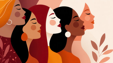 Illustration of diverse women's profiles standing together. This serene and powerful image represents sisterhood, unity, and empowerment. Ideal for Women's Day or diversity campaigns.の素材