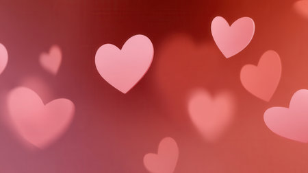 Pink hearts float on a soft red gradient background. This scene evokes a romantic, dreamy, and gentle mood. Ideal for Valentine's Day, weddings, or any love-themed design.の素材