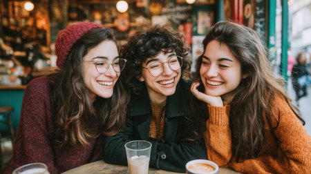 Three happy young women friends laughing together in a cozy coffee shop. The scene evokes joy, warmth, and genuine connection. Ideal for lifestyle, friendship, or social media content.の素材
