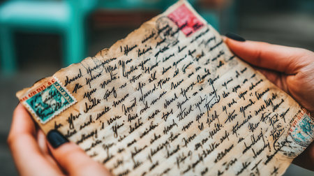 A close-up of female hands holding a vintage handwritten letter. The scene evokes nostalgia, history, and romance. Great for projects about memories, communication, or philately.の素材
