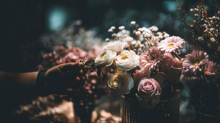A florist's hand arranges a delicate bouquet of roses and gerberas. The moody, cinematic lighting creates an elegant and artistic feel. Ideal for floristry, events, or romantic concepts.の素材