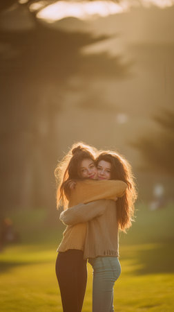 Two young women with long hair hugging warmly in a park at sunset. The scene evokes feelings of love, friendship, and support. Perfect for content about relationships and connection.の素材