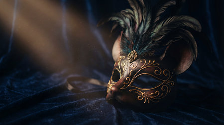 Elegant Venetian mask with feathers on dark blue velvet. Illuminated by a ray of light creating a mysterious atmosphere. Perfect for holiday, theater and carnival themes.の素材