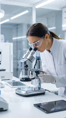 A focused female scientist in safety goggles and a white coat examines a sample through a microscope in a sterile modern laboratory, conducting medical research or analysis.の素材
