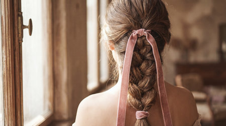 Back view of woman with long braid and pink velvet ribbon standing by window. Soft lighting creates romantic vintage mood. Perfect for beauty, hair styling and fashion concepts.の素材