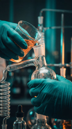 Gloved hands pour orange chemical into glass apparatus. Cinematic dark lab scene implies research or drug development. Ideal for science, medical, and pharmaceutical concepts.の素材