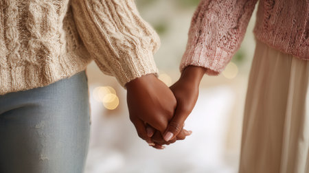 Close-up of an interracial couple holding hands, wearing cozy sweaters. A tender moment showing love, support, and connection. Ideal for relationship, diversity, or romantic themes.の素材