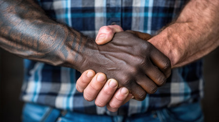 Close-up of a firm handshake between a Black man and a White man. The image symbolizes unity, diversity, and partnership. Ideal for business, social, or equality concepts.の素材