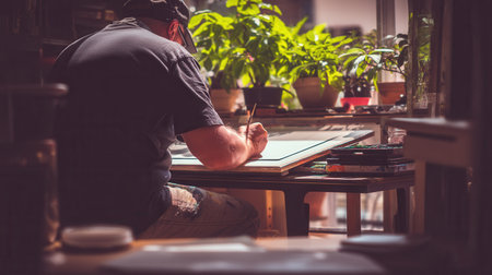 A man paints at his desk by a sunny window with plants. The scene conveys creativity, focus, and peaceful solitude. Perfect for blogs on art, hobbies, or a tranquil lifestyle.の素材