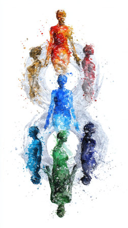 Seven abstract human figures in rainbow colors resembling chakras, arranged in an infinity loop. Evokes spirituality, energy, and connection. Perfect for wellness or meditative concepts.の素材