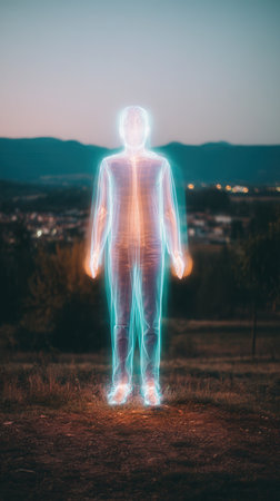 A transparent human figure with a glowing energy system stands in nature. Mystical and futuristic mood for concepts of soul, aura, bioenergy, or sci-fi visuals.の素材