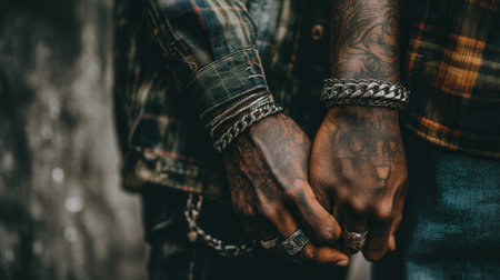Close-up of a man's tattooed hands with silver jewelry. The image has a moody, urban vibe, conveying strength and style. Ideal for fashion, body art, or lifestyle concepts.の素材