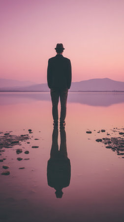 A man in a hat stands in calm water, his reflection perfectly mirrored. The scene is a serene pink sunset, evoking solitude, introspection, and mystery. Ideal for conceptual art.の素材