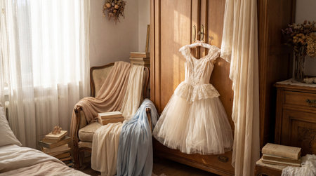 Vintage white ballet dress hangs on wooden wardrobe in sunlit room with old books and draped chair. Romantic nostalgic interior scene perfect for fashion, history, or storytelling concepts.の素材