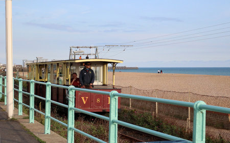 10th September 2019. Brighton, East Sussex, England. Volk's Electric Railway is the oldest continuously running electric railway in the world and runs for one mile along Brighton's seafront.のeditorial素材
