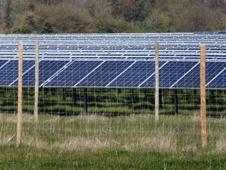 Rows of Solar Panels behind a Fence in a Field