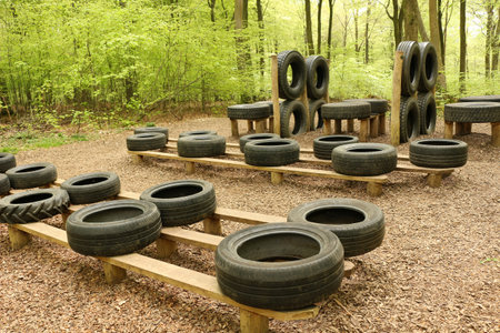 Horndean, Hampshire, England. 23rd April 2019. An Assault Course with Tyres at Queen Elizabeth Country Parkのeditorial素材