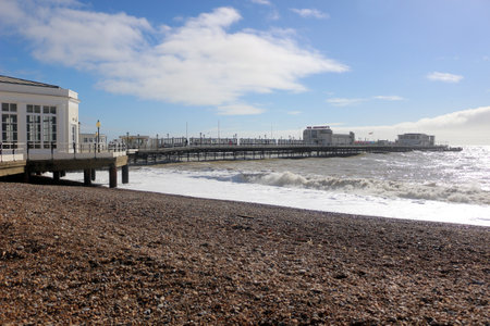 Worthing, West Sussex, England. 11th March 2020. Worthing pier on a sunny day.のeditorial素材