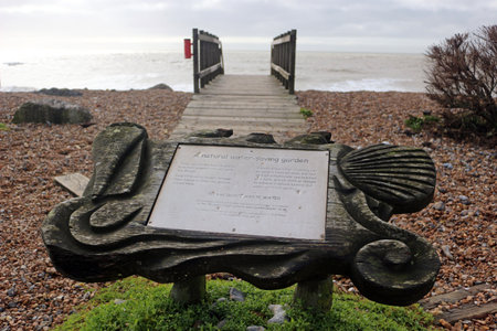 Worthing, West Sussex, England. 11th March 2020. Informative sign near the wooden steps at Waterwise Garden in Worthing.のeditorial素材