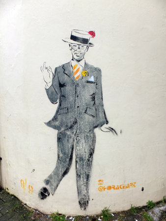 Worthing, West Sussex, England. 10th March 2020. A graffiti portrait of Horace Duke, known locally as  Burlington Bertie.のeditorial素材