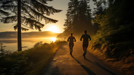 silhouette of a couple running along a lake at sunset or sunriseの素材